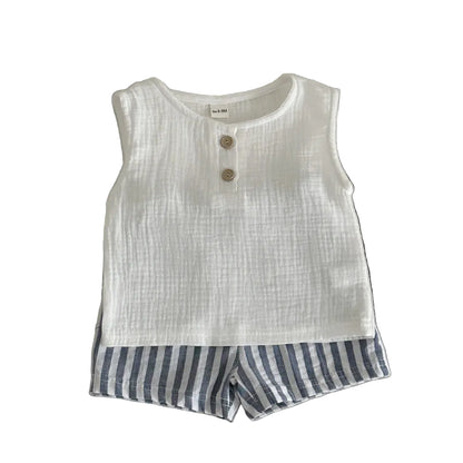 Two-piece baby boy summer outfit featuring a white crinkle gauze sleeveless tank top with wood-style buttons and blue and white striped drawstring shorts, displayed on a clean white background.