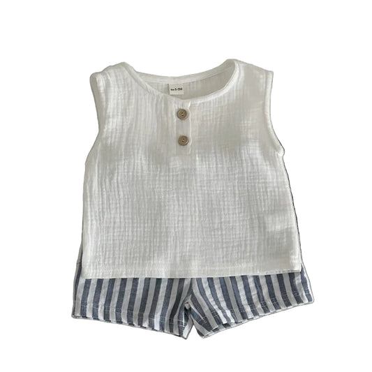 Two-piece baby boy summer outfit featuring a white crinkle gauze sleeveless tank top with wood-style buttons and blue and white striped drawstring shorts, displayed on a clean white background.
