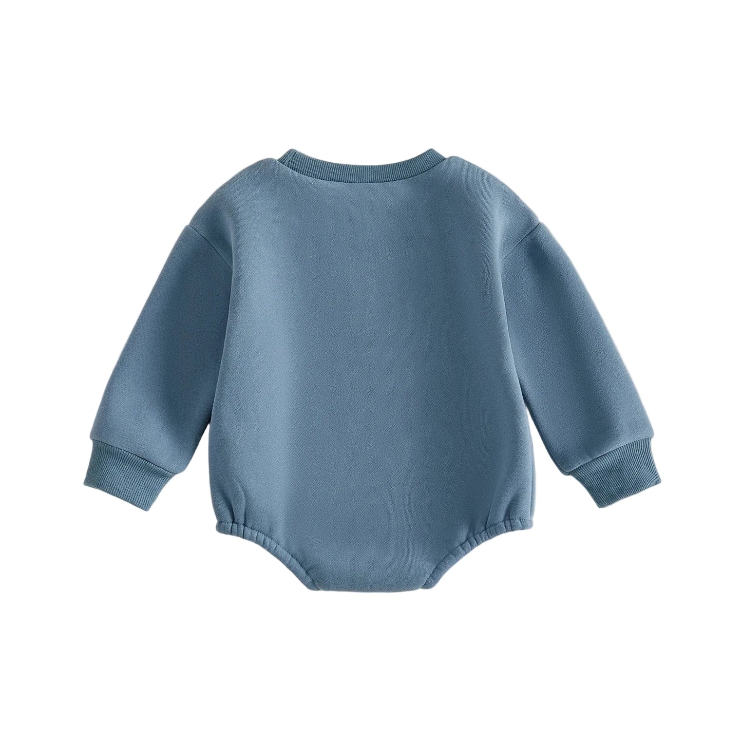 Plain back view of the blue long-sleeve fleece baby boy sweatshirt romper.