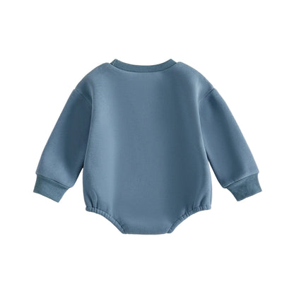 Plain back view of the blue long-sleeve fleece baby boy sweatshirt romper.