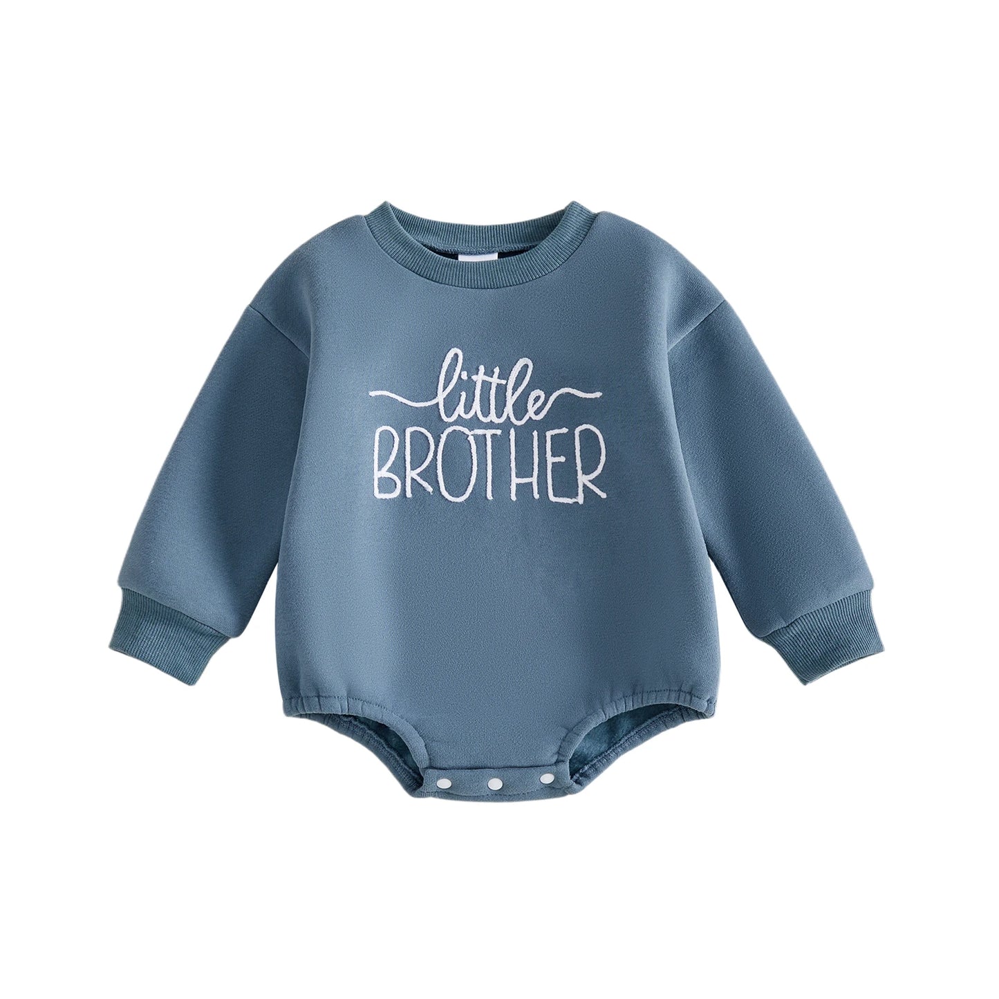 Blue fleece baby boy crewneck sweatshirt romper featuring white embroidered Little Brother text on the front.
