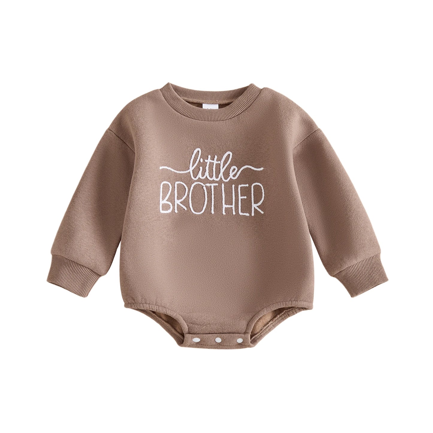 Cocoa brown fleece baby boy crewneck sweatshirt romper featuring white embroidered Little Brother text.