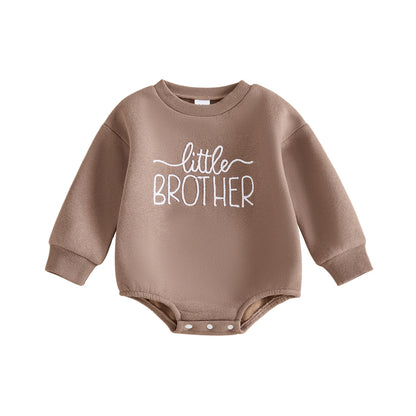 Cocoa brown fleece baby boy crewneck sweatshirt romper featuring white embroidered Little Brother text.