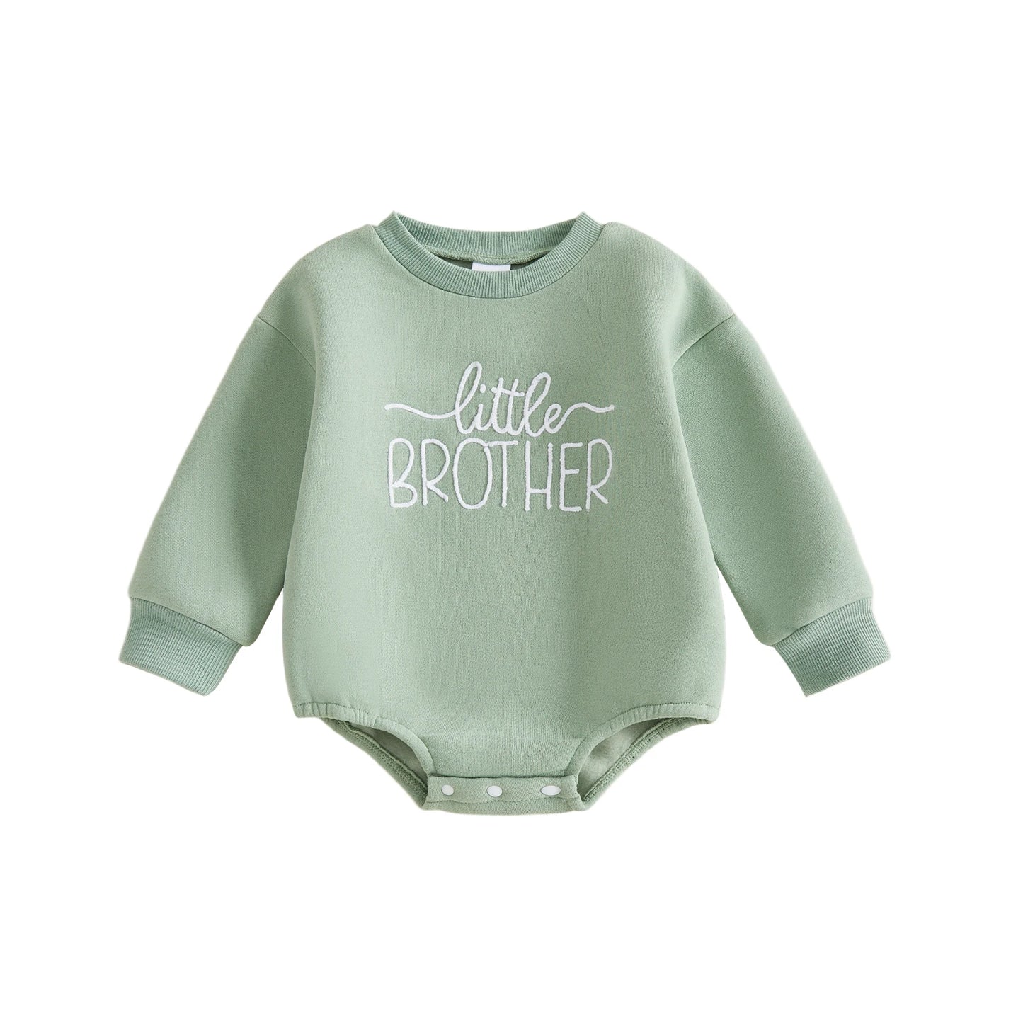 Sage green fleece baby boy crewneck sweatshirt romper featuring white embroidered Little Brother text.