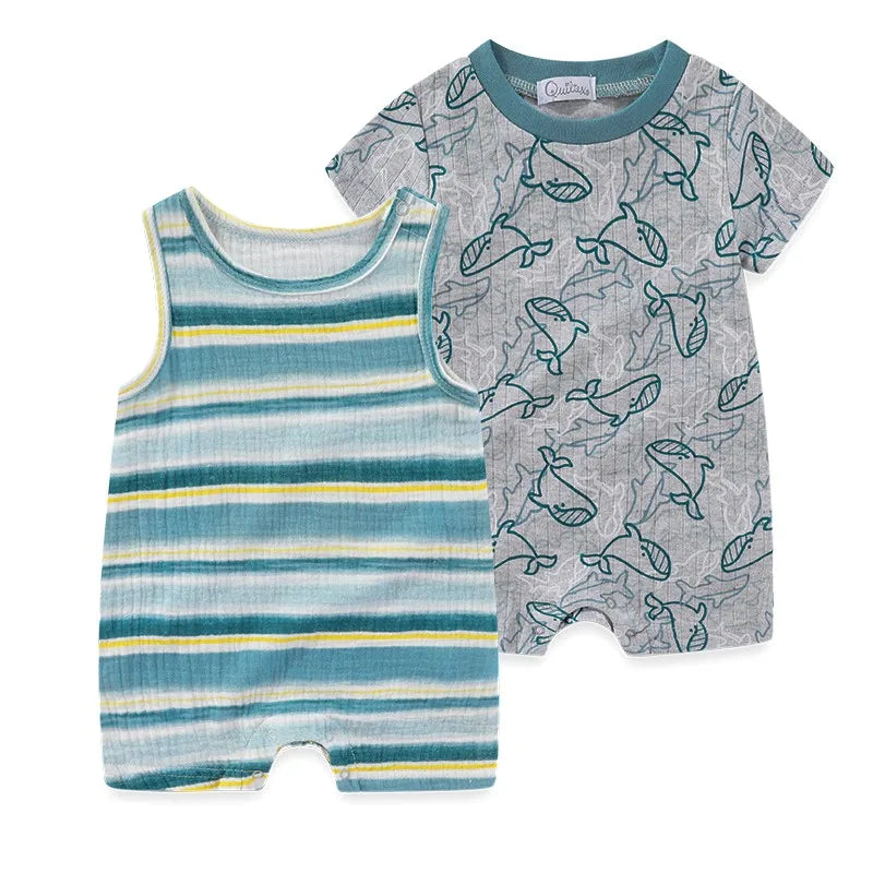 2-piece baby boy summer outfit set including a teal and yellow horizontal striped sleeveless romper and a grey whale and shark print shortall.
