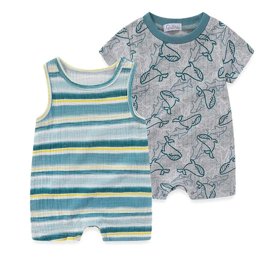 2-piece baby boy summer outfit set including a teal and yellow horizontal striped sleeveless romper and a grey whale and shark print shortall.