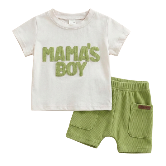 Mama's Boy 2-piece baby boy summer clothes set with white t-shirt and sage green ribbed shorts.