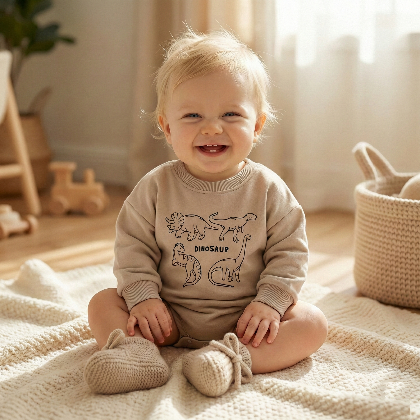 Baby boy sitting on a blanket wearing a beige romper with dinosaur prints, surrounded by wooden toys and a basket.