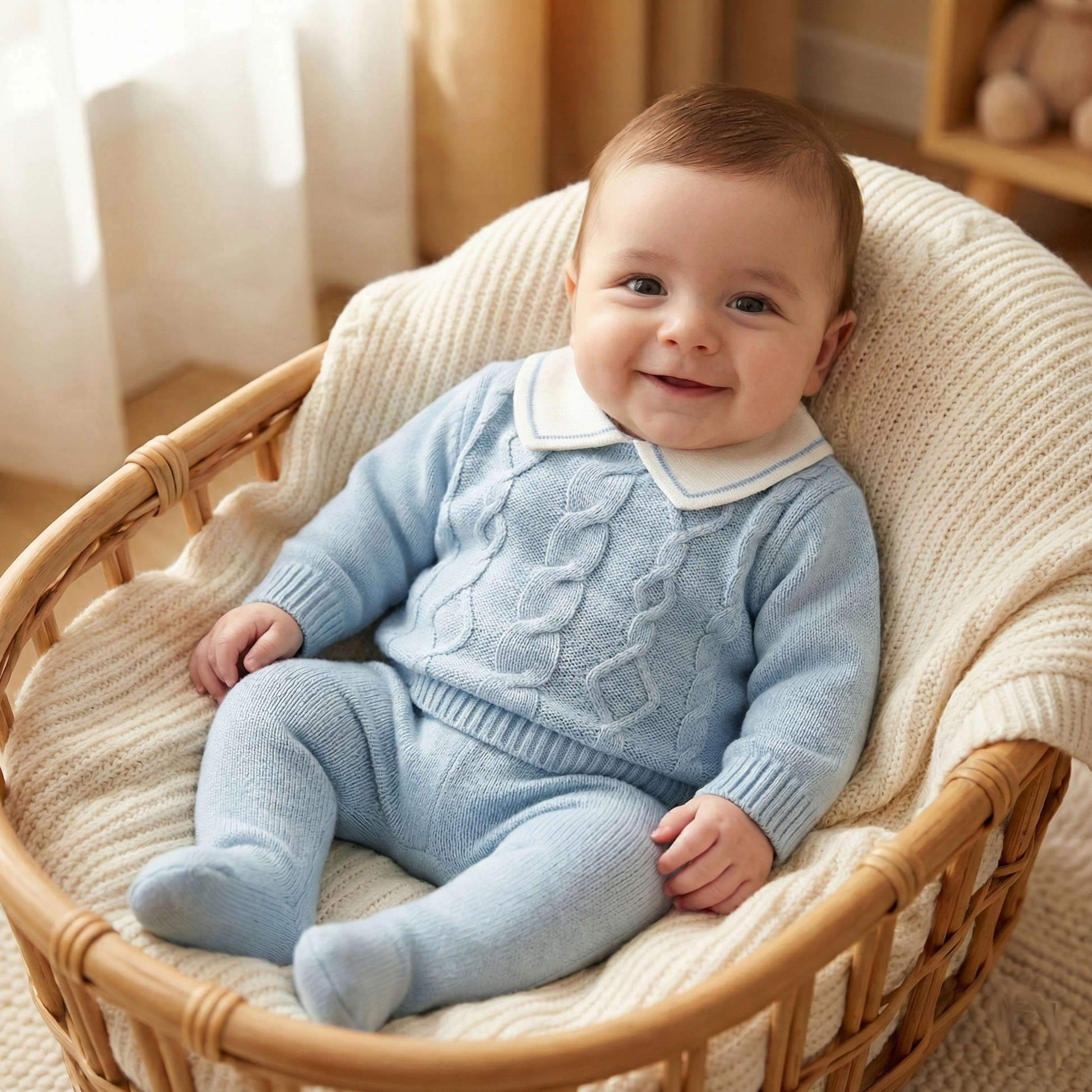 Baby boy in a light blue knitted coming home outfit with a Peter Pan collar sitting in a wicker chair with a soft blanket.