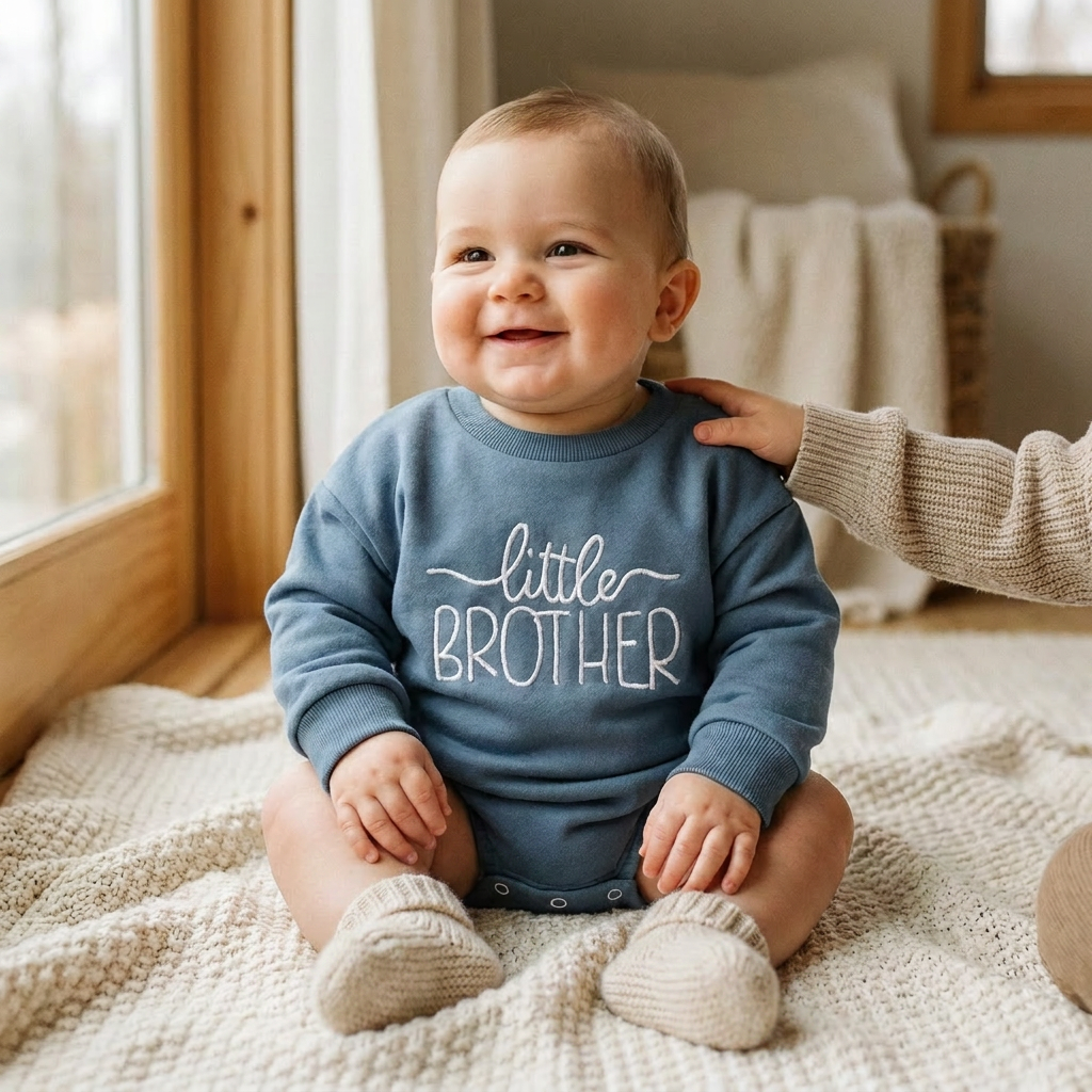 A happy smiling baby boy sitting on a cozy blanket wearing a blue long-sleeve Little Brother fleece jumpsuit.
