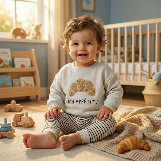 Child sitting on a blanket wearing a gender neutral outfit with a croissant on it in a nursery with toys and books around