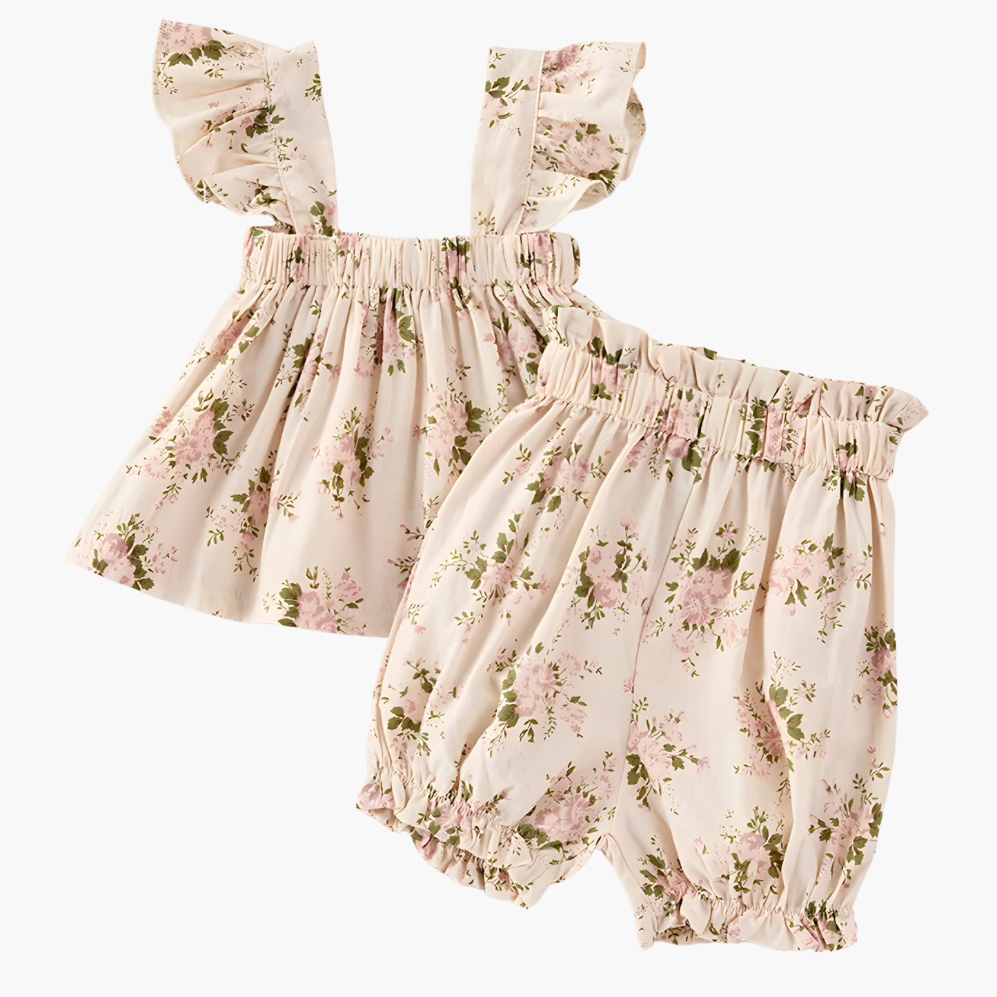 Floral baby romper set on a white background