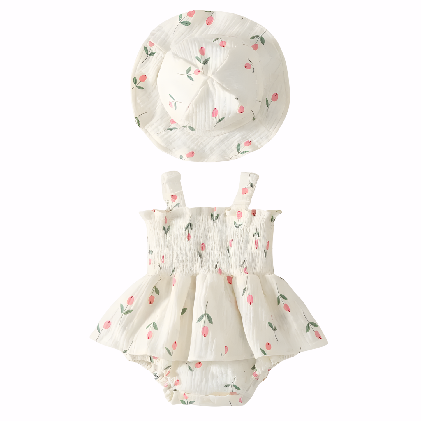 Baby & Toddler Girls Cotton Tulip Print Sleeveless Romper with Matching Sun Hat  (3-24M)