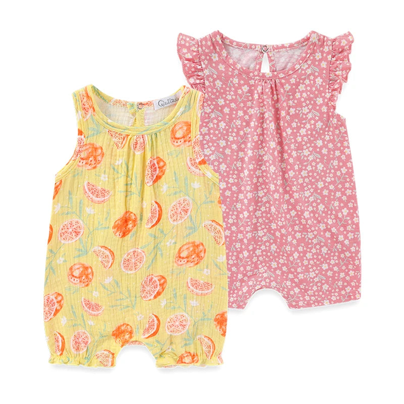2-pack of baby girl rompers featuring a yellow muslin orange-slice print and a pink shortall with white ditsy floral patterns and flutter sleeves.