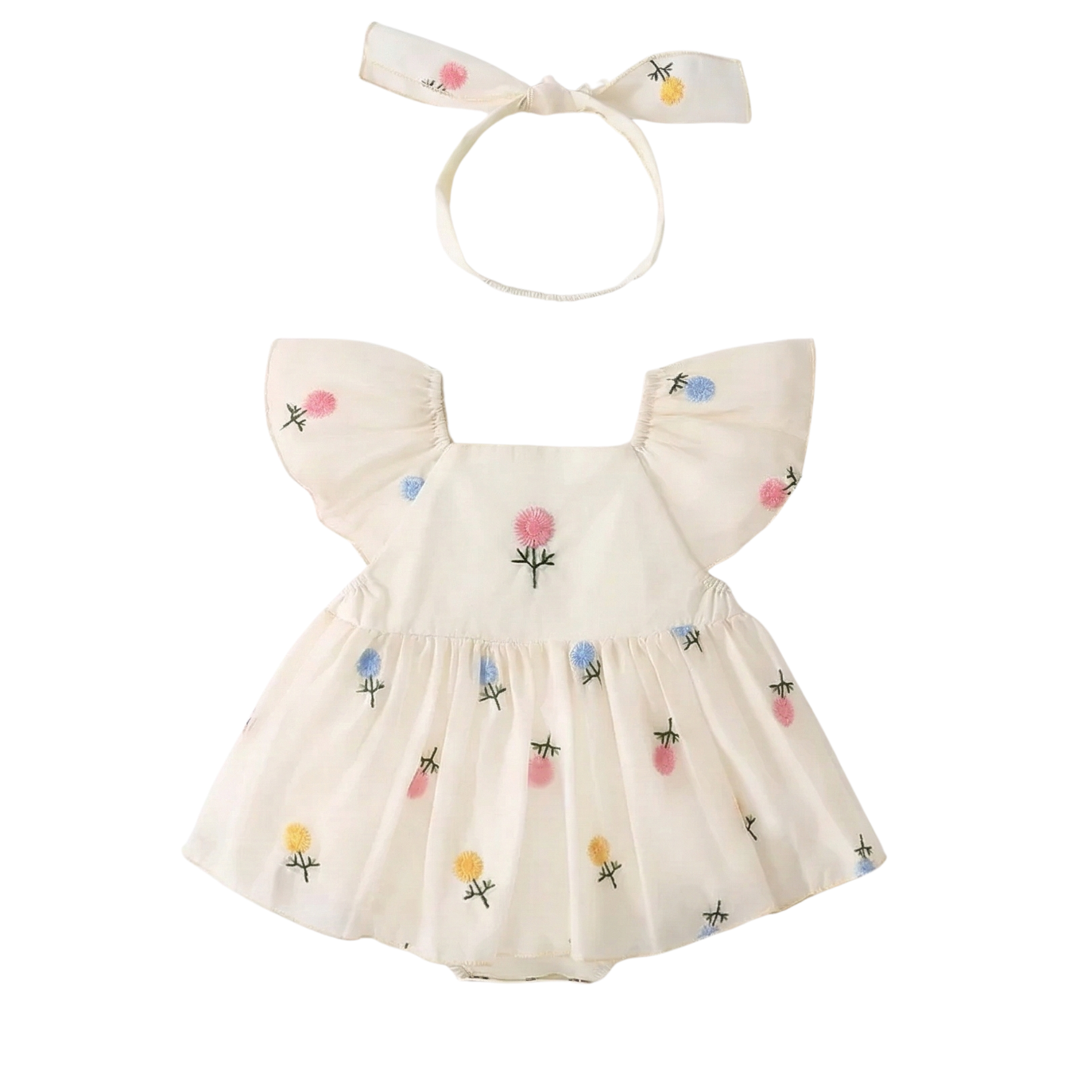 White 100% cotton baby girl romper dress with pastel floral embroidery on the chest, flutter sleeves, and matching floral bow headband. 3M-24M boutique summer outfit.