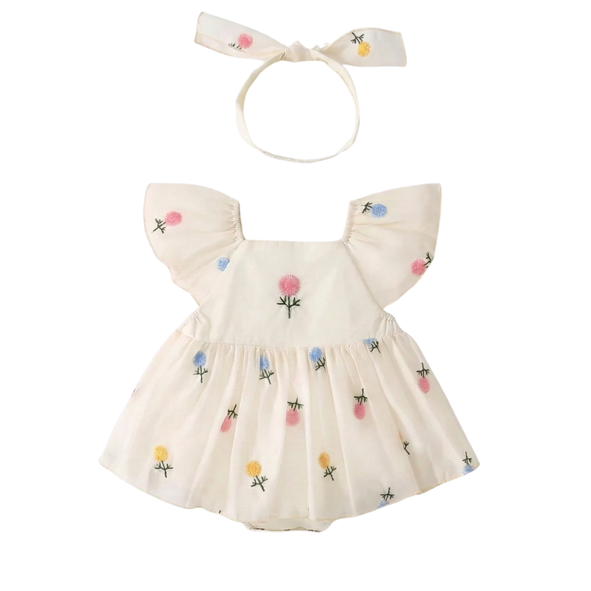White 100% cotton baby girl romper dress with pastel floral embroidery on the chest, flutter sleeves, and matching floral bow headband. 3M-24M boutique summer outfit.