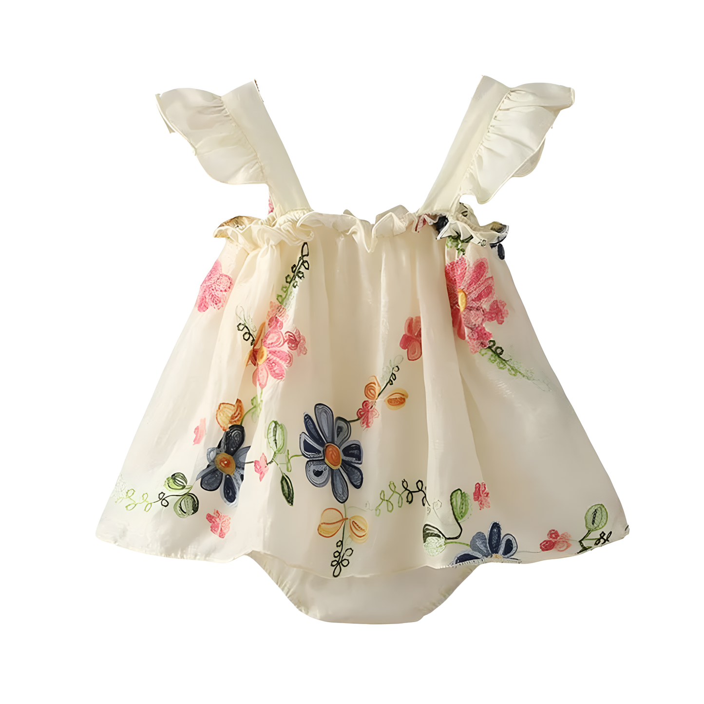 Flat lay view of a cream cotton baby girl romper dress featuring vibrant 3D floral embroidery, flutter ruffle sleeves, and a square neckline.