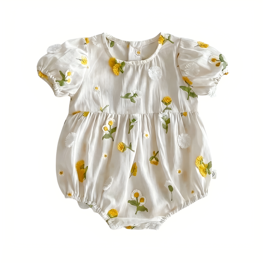 Flat lay photography of white cotton baby girl romper featuring 3D yellow floral embroidery and short puff sleeves on a white background.