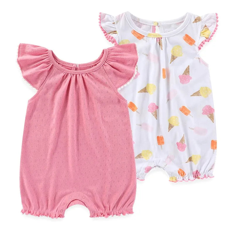 2-pack baby girl romper set with an ice cream cone print featuring pink pom-pom trim and a solid rose-pink diamond pointelle knit shortall.