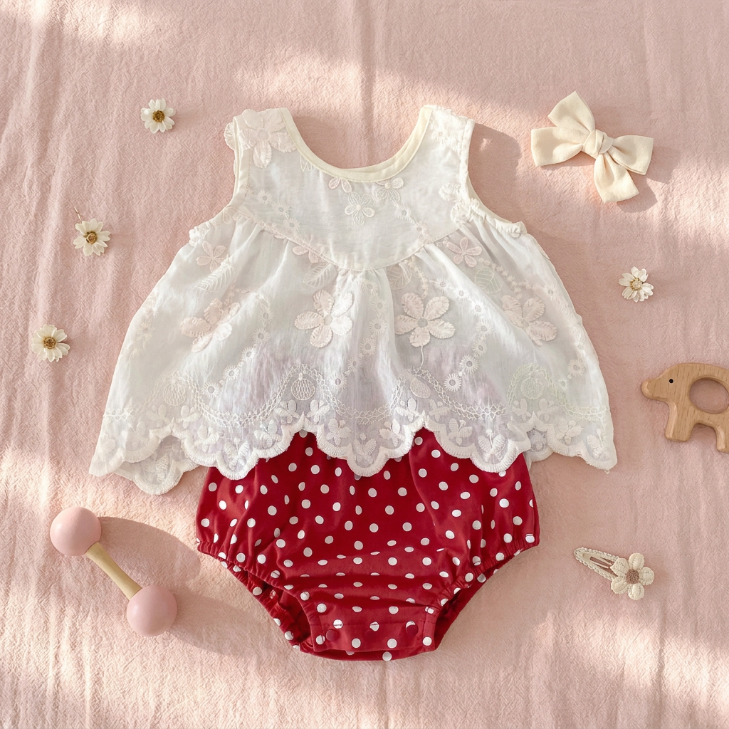 Aesthetic flat lay of a baby girl’s floral tunic and red polka dot bloomer set with a wooden toy and hair bow props.