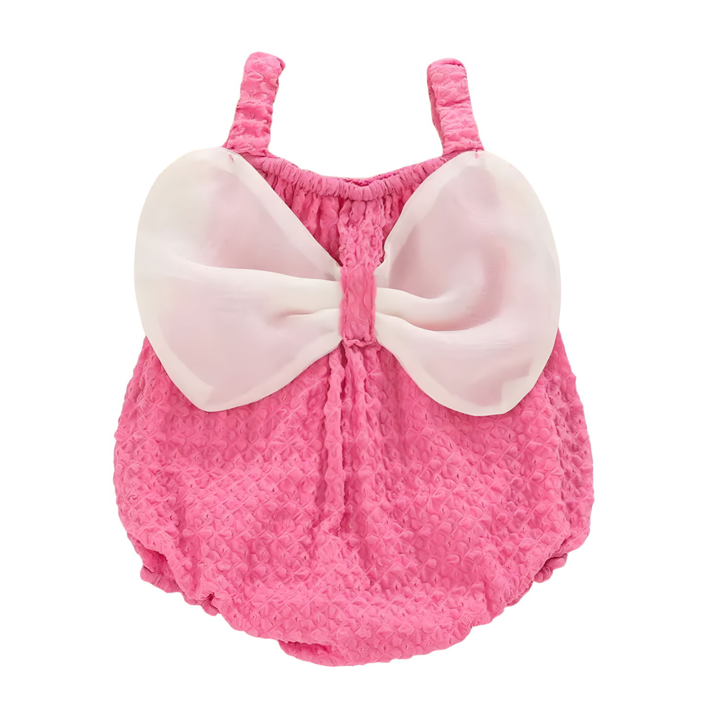 Back of pink baby girl romper showing oversized white chiffon bow creating a butterfly wing silhouette.