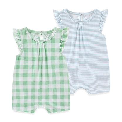 Infant girl 2-piece set with a green and white gingham check sleeveless romper and a light blue striped shortall with ruffled flutter sleeves.