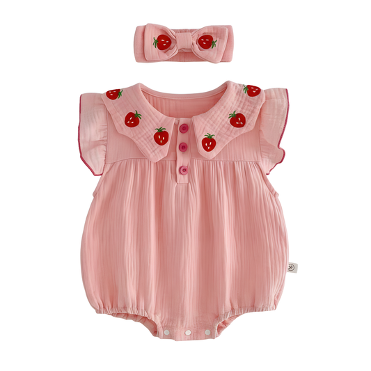 Pink baby romper with strawberry details and matching headband on a white background