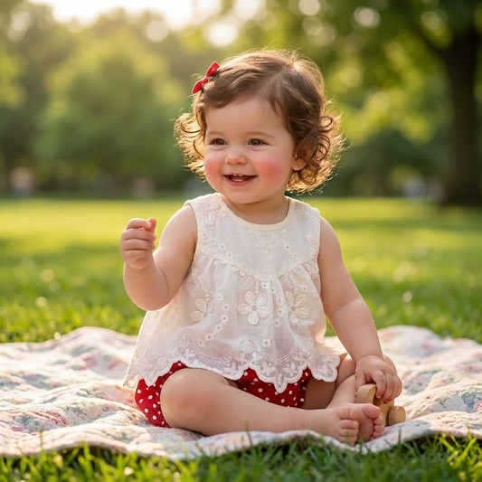 Cheerful baby girl sitting on a blanket in a park wearing a white floral embroidered tunic and red polka dot bloomers