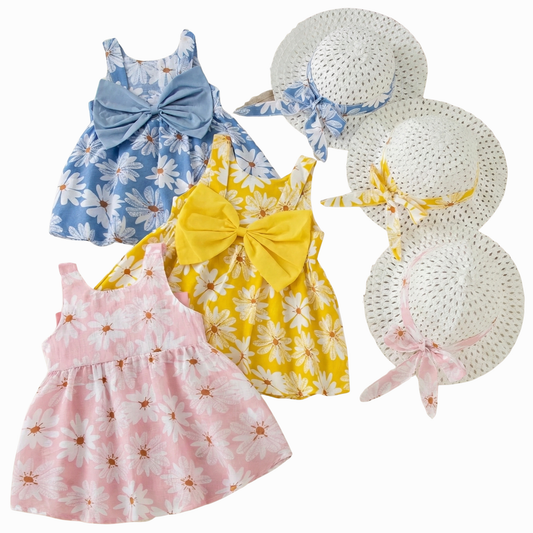 baby girl and toddler daisy sundresses with matchng hats