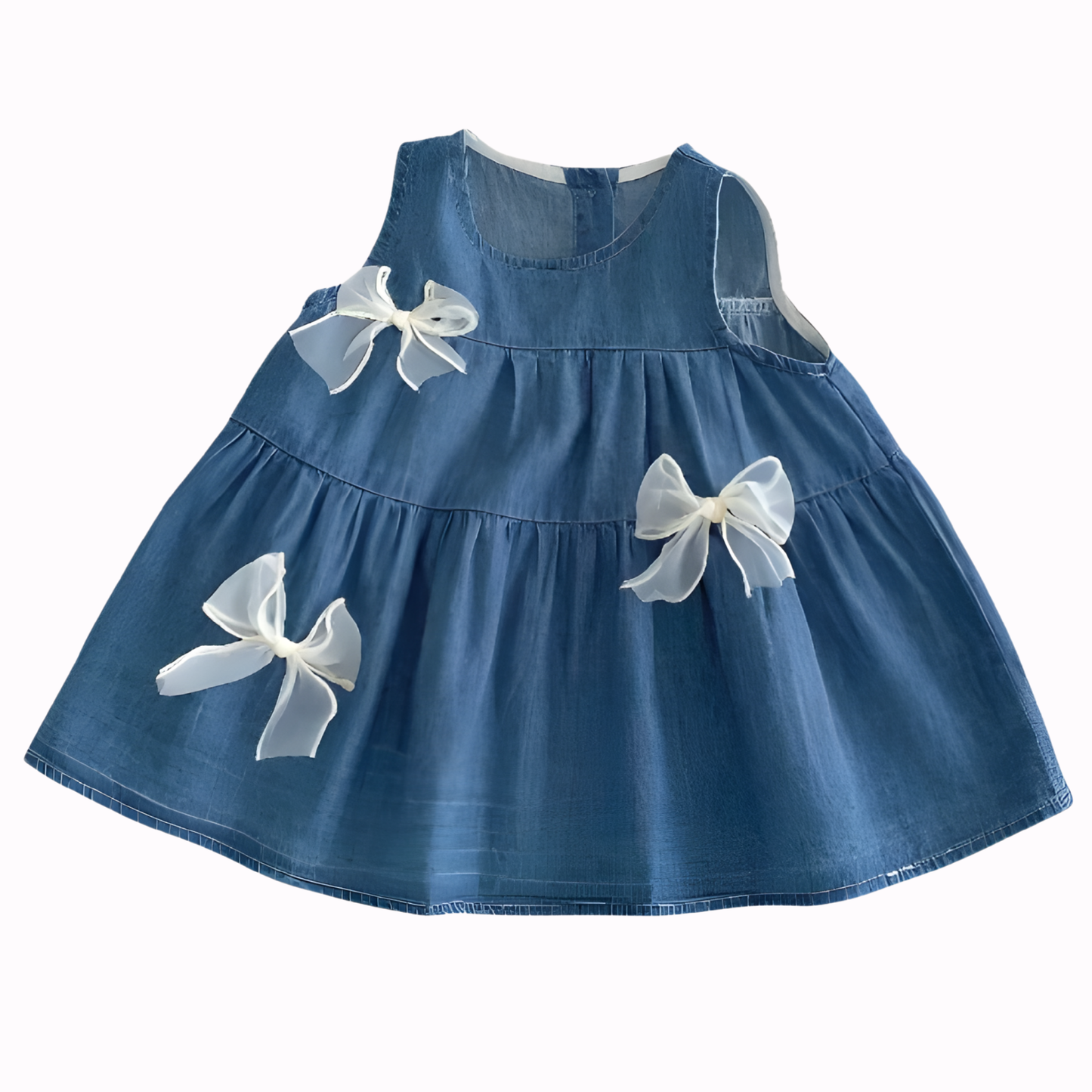 Toddler & Baby Girls Sleeveless Blue Denim Dress - 100% Cotton A-Line Summer Tiered Dress with Bows(6M-5T)