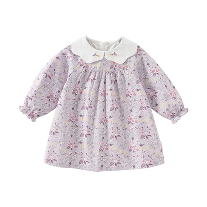 Girls Floral Embroidery 100% Cotton Long Sleeve Dress - Peter Pan Collar A-Line (Size 18M-9Y)