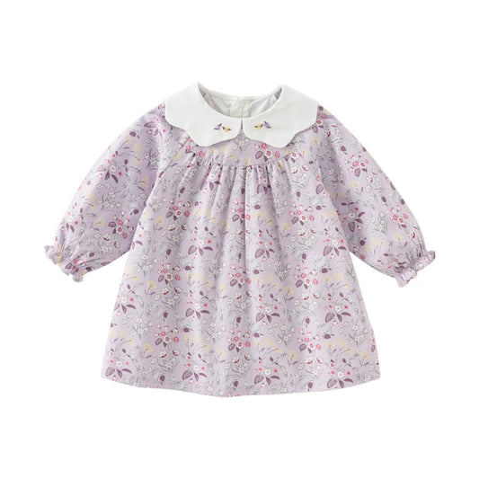 Girls Floral Embroidery 100% Cotton Long Sleeve Dress - Peter Pan Collar A-Line (Size 18M-9Y)