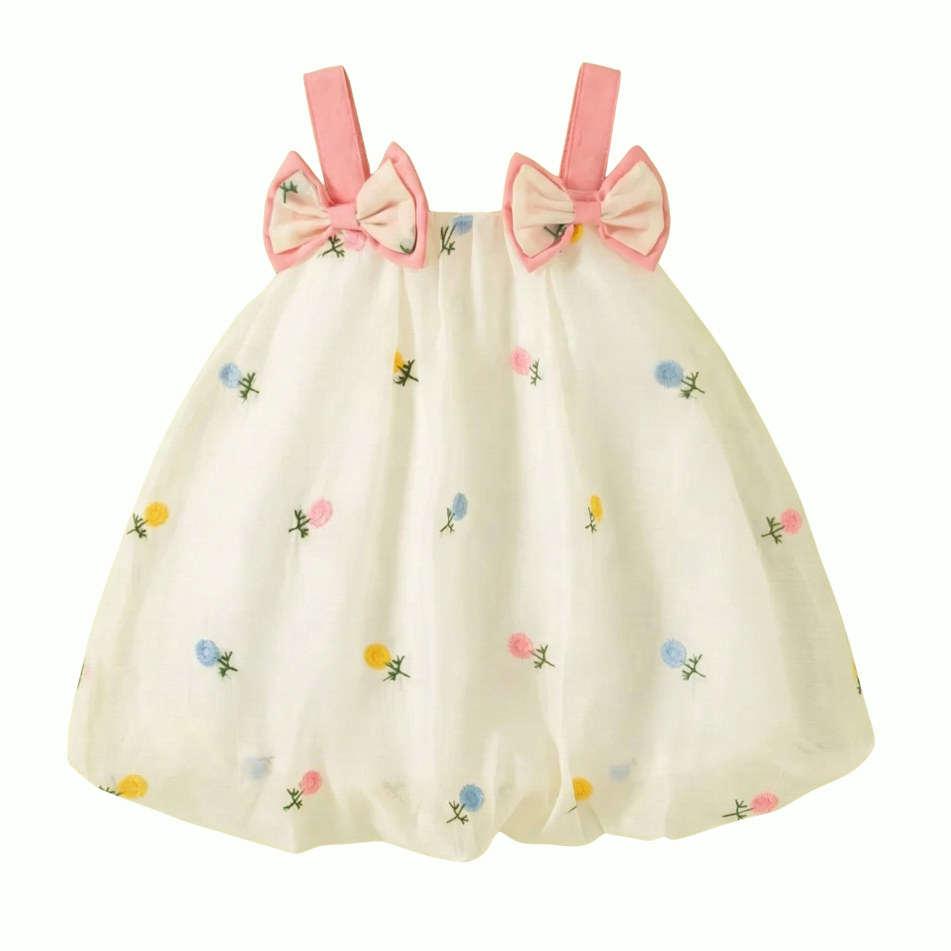 Baby Girl and Toddler Off-White dress with colorful floral embroidery and pink bow straps on a white background