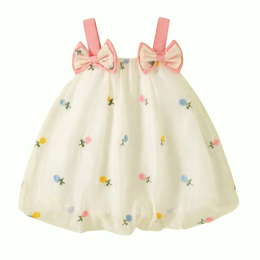 Baby Girl and Toddler Off-White dress with colorful floral embroidery and pink bow straps on a white background