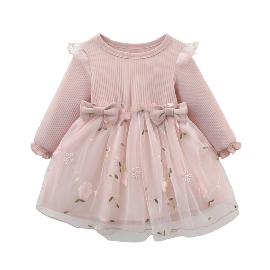 Toddler Girls Pink Long Sleeve Floral Princess Dress - Embroidered Gauze Tutu (3-3T)