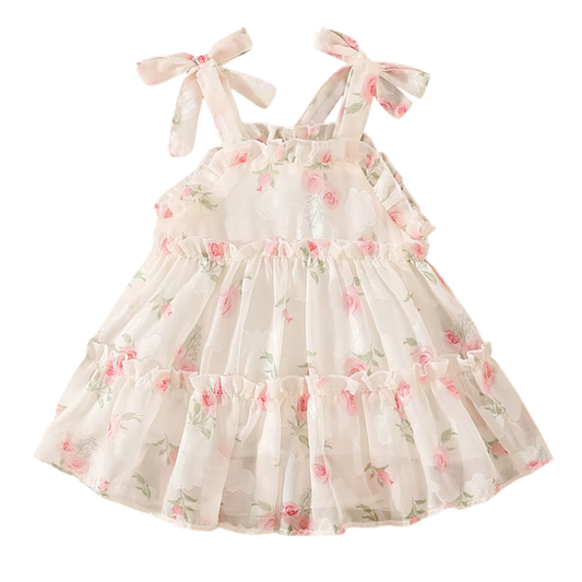 Baby Girl and Toddler Floral Rose dress with pink flowers and bow straps on a white background