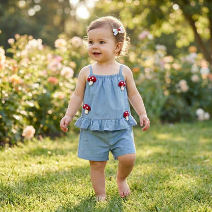 Child wearing a denim outfit with mushroom decorations in a garden setting