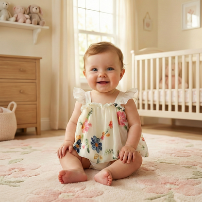 Baby girl wearing a floral romper sitting on a floral rug in a nursery with a crib and toys in the background.