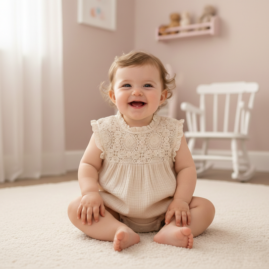Baby girl wearing a neutral colored muslin cotton romper with lace detailing