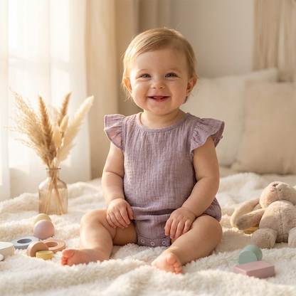Baby Girl in a purple cotton muslin romper with flutter sleeves sitting on a soft surface with toys around