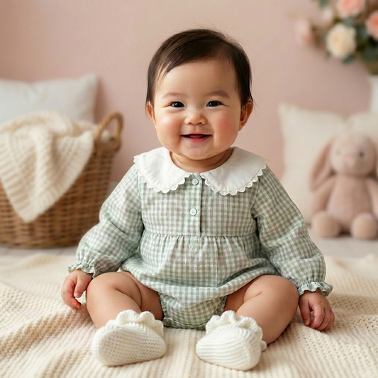 Baby girl in a checkered long sleeve romper with white lace collar and cuffs, sitting on a blanket