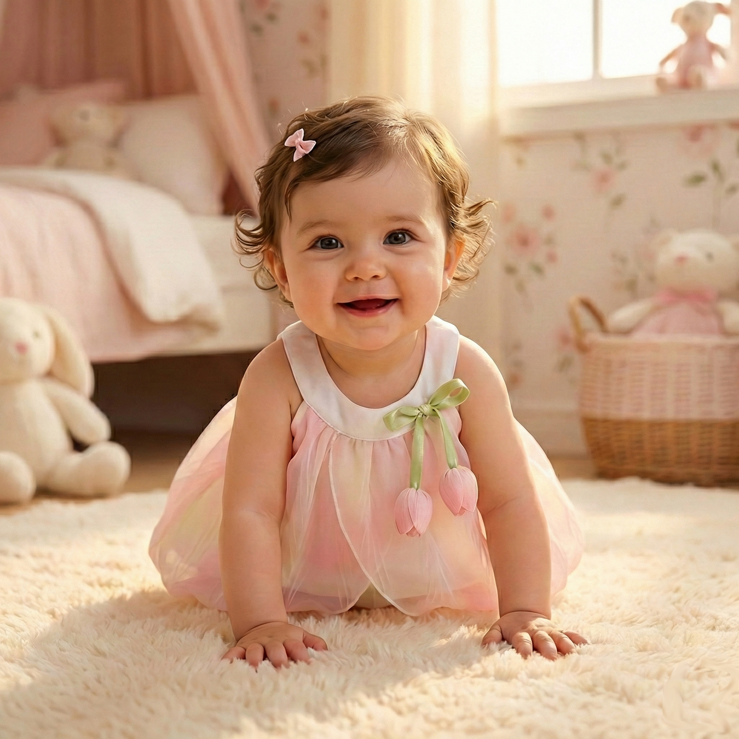 Baby Girl in a pink tulip dress sitting on a carpeted floor in a nursery.