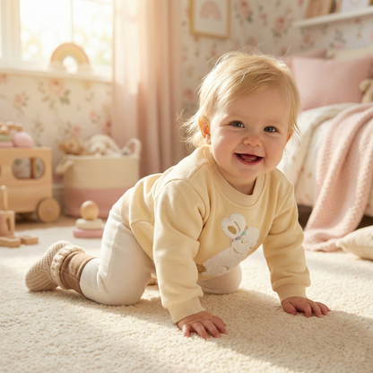 Baby Girl in a warm fleece bunny sweater  in a cozy room with toys and soft furnishings.