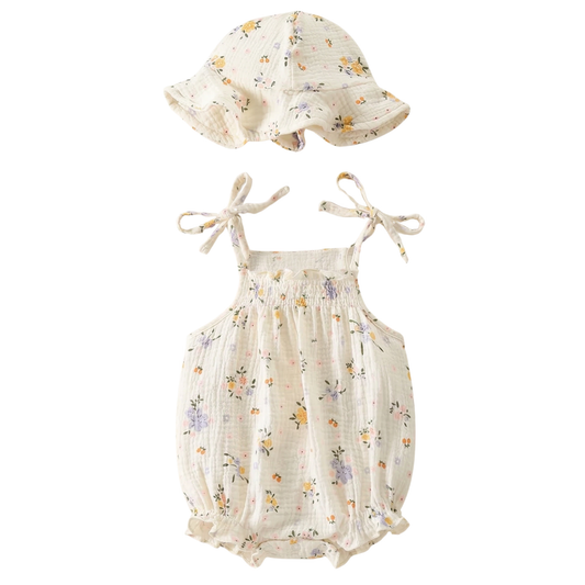 Baby Girl Muslin Cotton Floral Romper with Spaghetti Straps and Sun Hat on White Background
