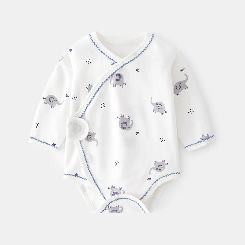 White cotton baby bodysuit with grey elephant print and blue wavy stitching. Features a side-snap kimono closure for easy dressing.