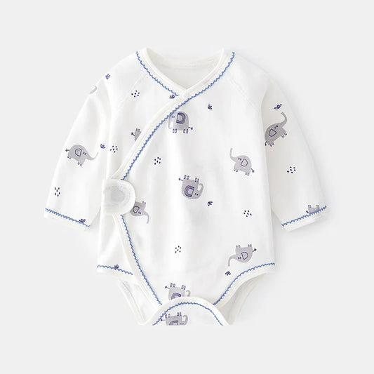 White cotton baby bodysuit with grey elephant print and blue wavy stitching. Features a side-snap kimono closure for easy dressing.