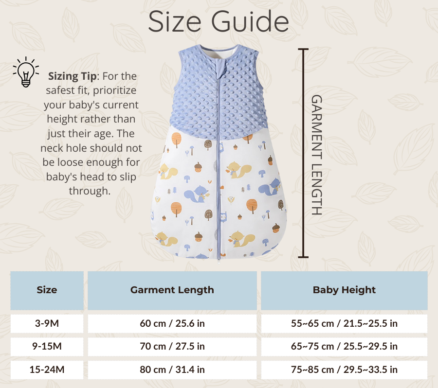 Baby sleep sack size guide table. Lists sizes S, M, and L by baby height (21.5 to 33.5 inches) and age to ensure a safe, secure fit for 3-24 month olds.