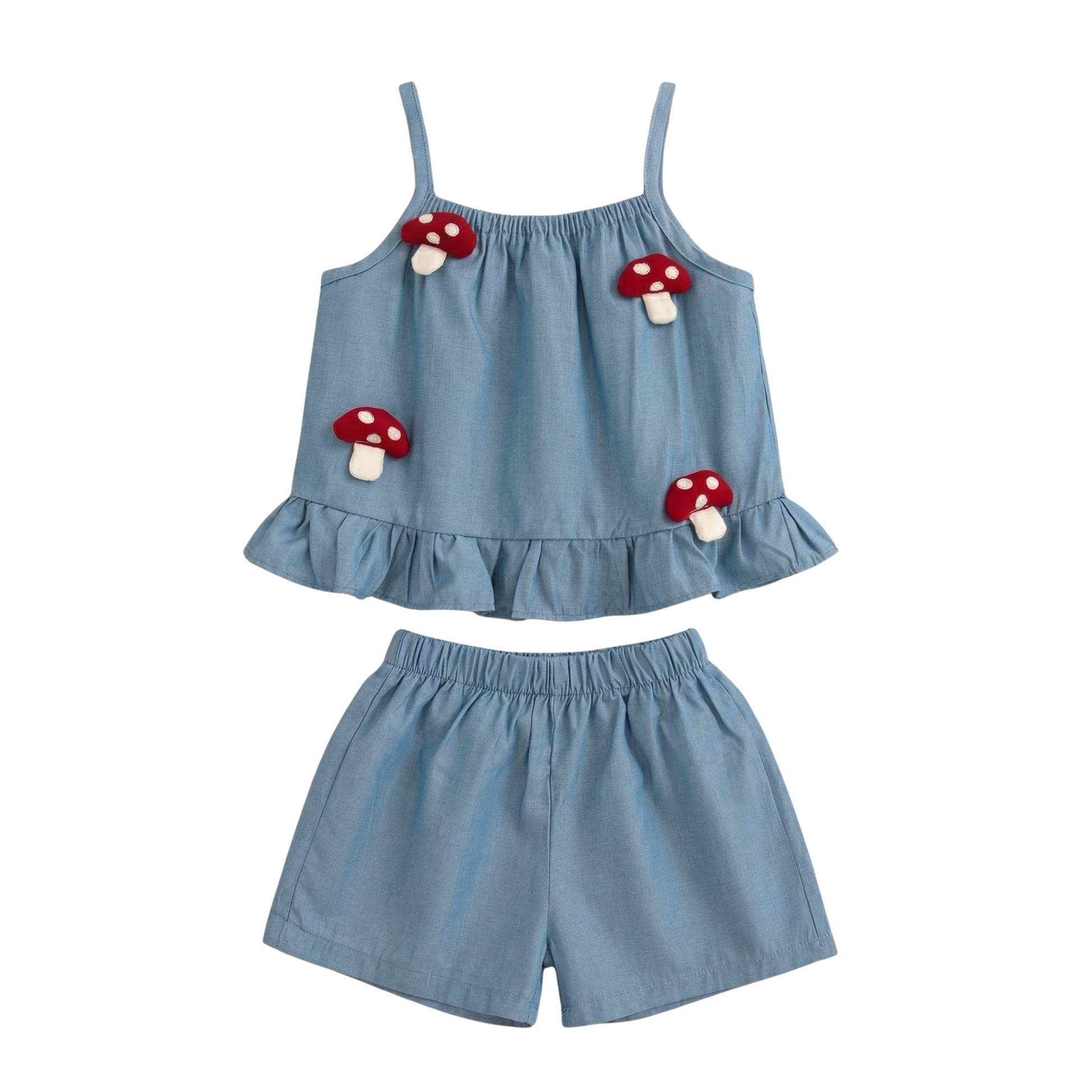 Baby and toddler girl two-piece blue cotton set featuring 3D red mushroom patches on a ruffle camisole top and matching shorts.