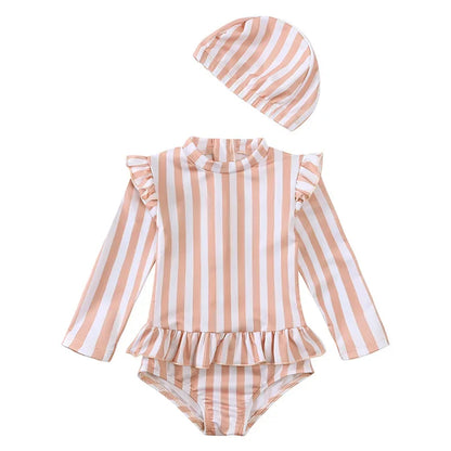 Classic Sunrise Stripe peach and white striped long sleeve rash guard for baby and toddler girls.