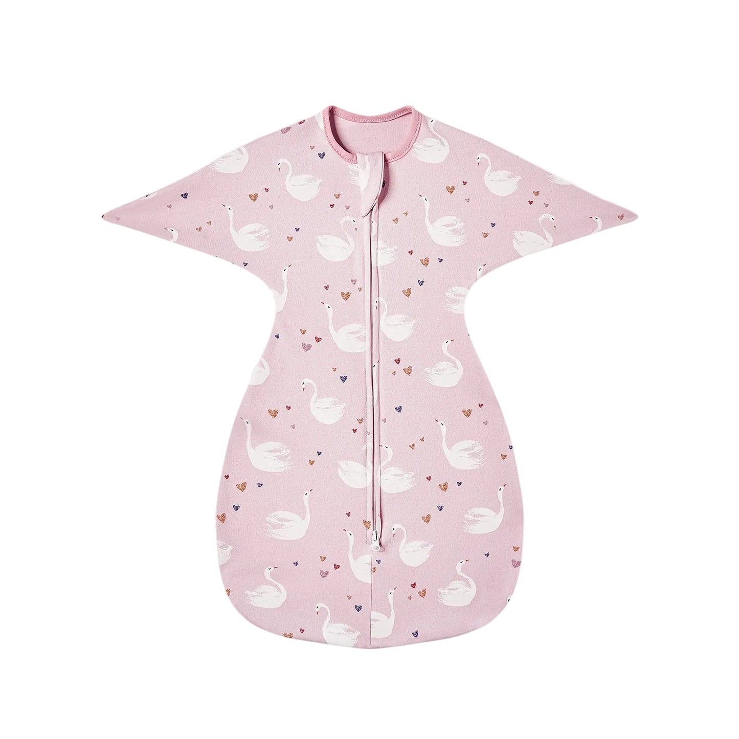 Flat lay of pink cotton swaddle transition bag with white elegant swan pattern and heart details.
